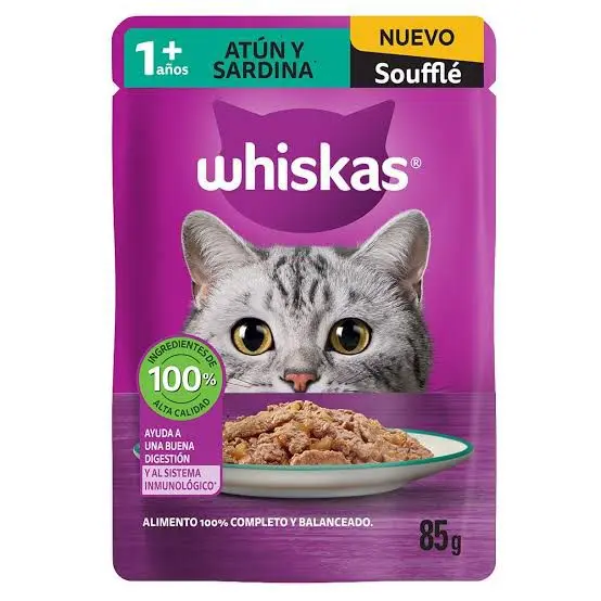 ALIM. GATO WHISKAS SOBRE ATUN Y SARDINA 8/85 GR.