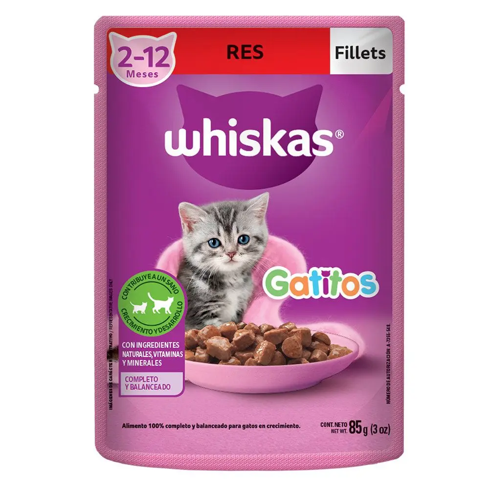 ALIM. GATO WHISKAS SOBRE GATITO RES 2/12 MES 85 GR.