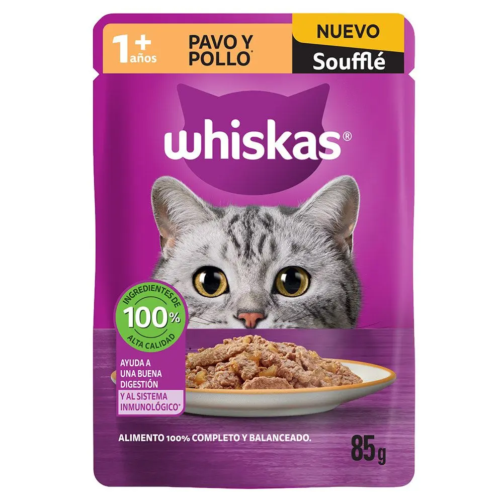 ALIM. GATO WHISKAS SOBRE POLLO Y PAVO 85 GR.