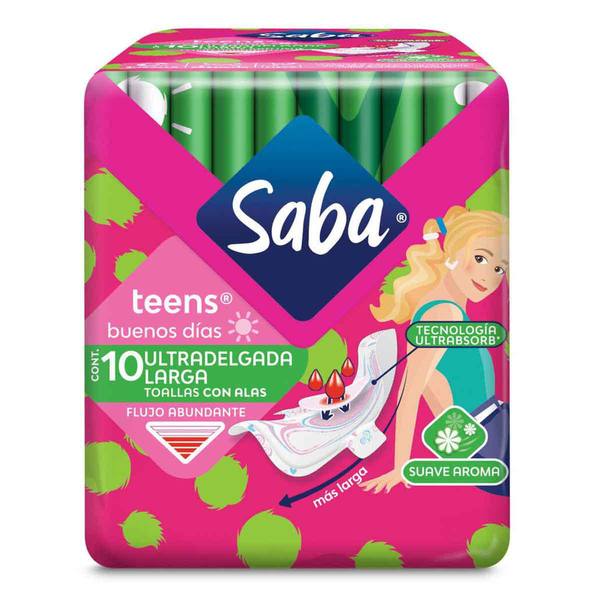 TOALLA FEM. SABA TEENS ULTRADELGA LARGA 12/10 PZAS.