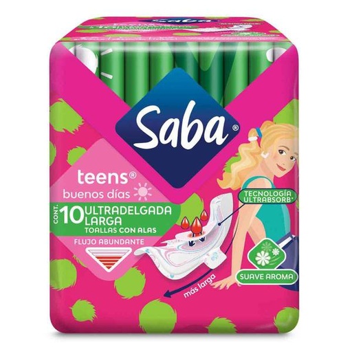 TOALLA FEM. SABA TEENS ULTRADELGA LARGA 12/10 PZAS.